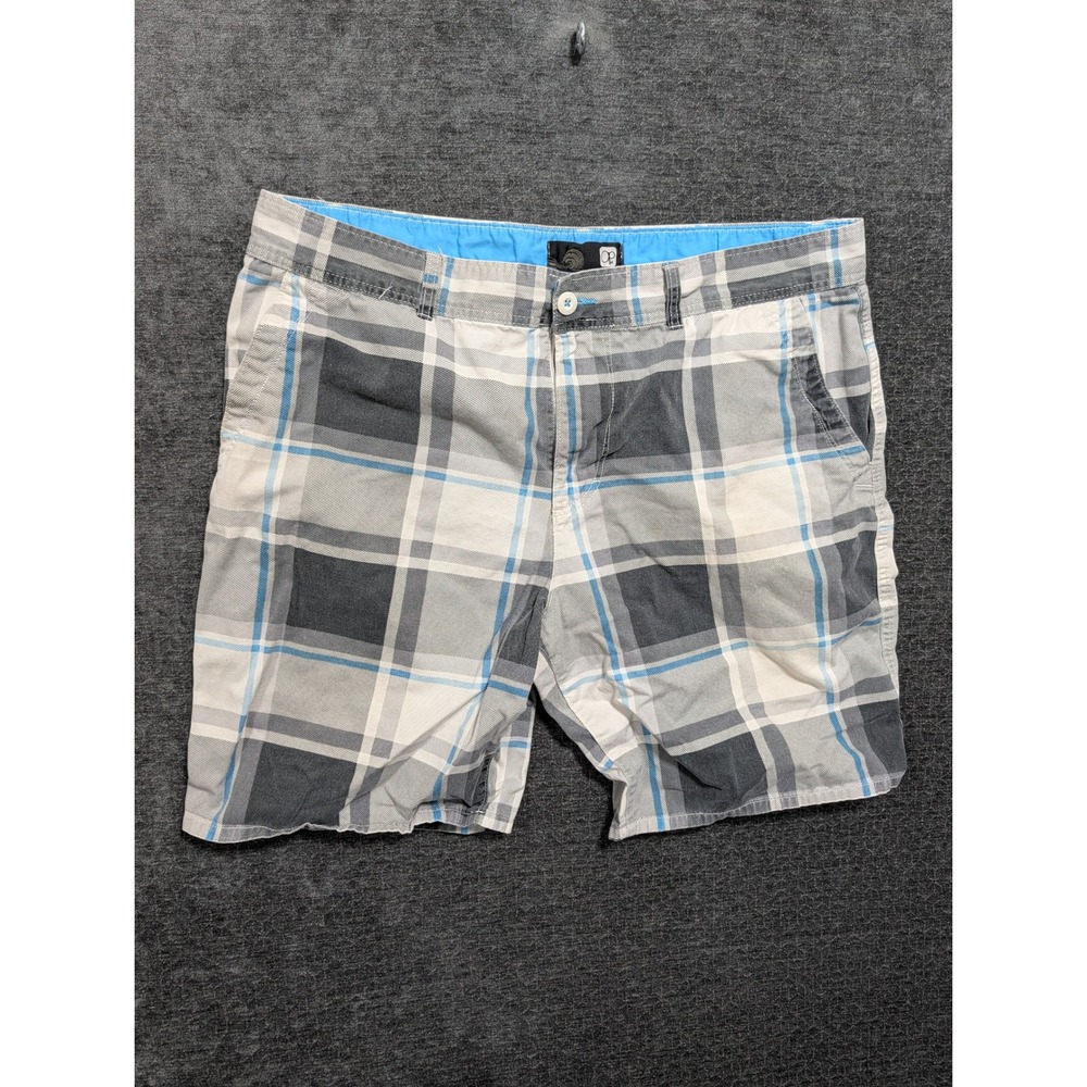 OP Ocean Pacific Mens Plaid Shorts Gray Blue White Size 40 Cotton Flat Front